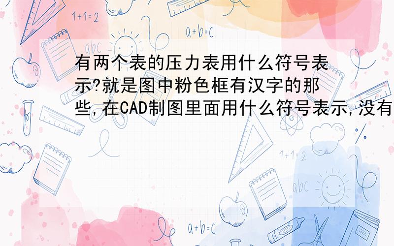 有两个表的压力表用什么符号表示?就是图中粉色框有汉字的那些,在CAD制图里面用什么符号表示,没有分了就剩这点了,希望大家帮帮偶,真的是万分感谢!