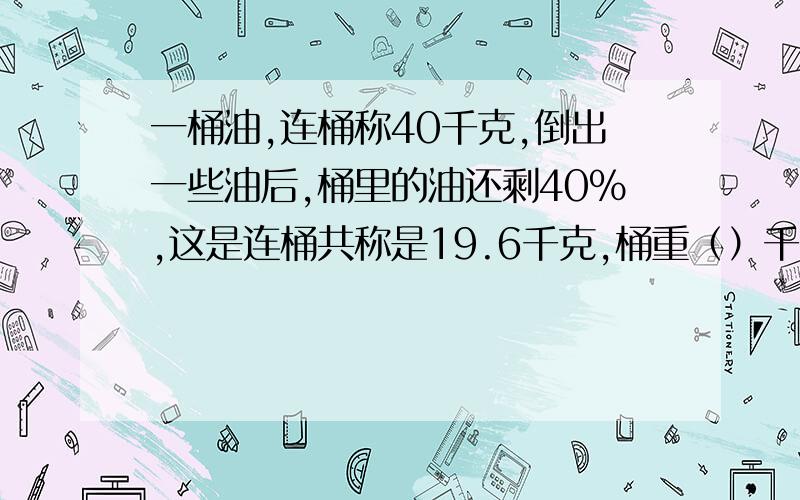 一桶油,连桶称40千克,倒出一些油后,桶里的油还剩40%,这是连桶共称是19.6千克,桶重（）千克.