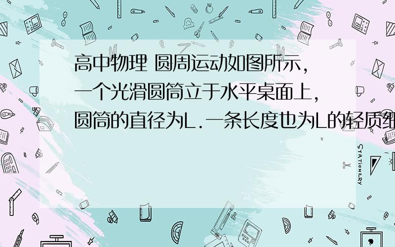 高中物理 圆周运动如图所示,一个光滑圆筒立于水平桌面上,圆筒的直径为L.一条长度也为L的轻质细绳一端固定在圆筒中心线上方的O点,另一端拴着一个质量为m的小球（视为质点）.小球以速率