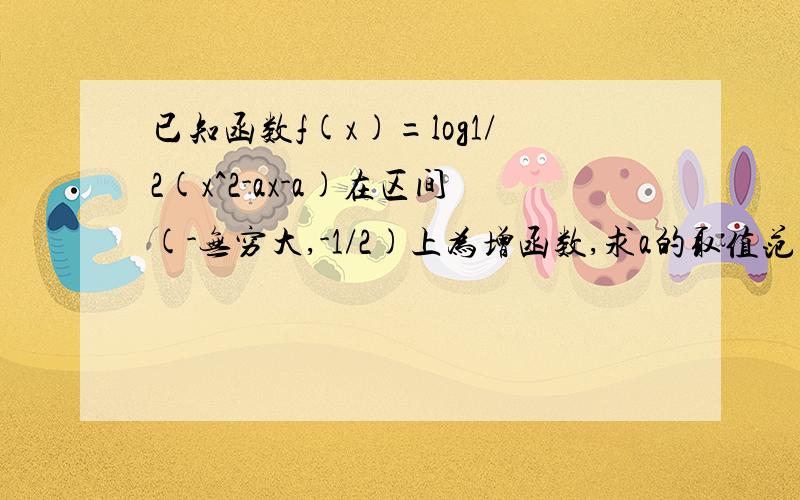 已知函数f(x)=log1/2(x^2-ax-a)在区间(-无穷大,-1/2)上为增函数,求a的取值范围过程最好能写出来,