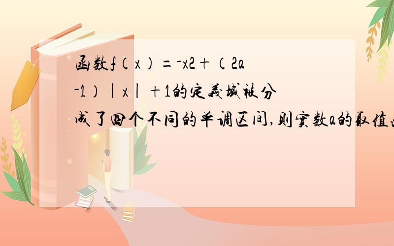 函数f（x）=-x2+（2a-1）|x|+1的定义域被分成了四个不同的单调区间,则实数a的取值范围是（　　）对称轴为什么不可以小于0