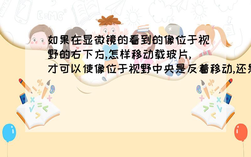 如果在显微镜的看到的像位于视野的右下方,怎样移动载玻片,才可以使像位于视野中央是反着移动,还是正着移动啊?回答时请说明原因,对于这个问题,我一直搞不明白.