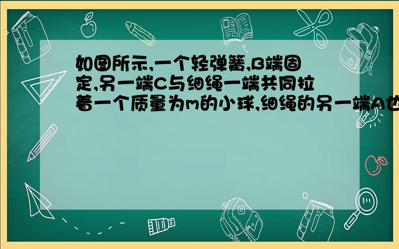 如图所示,一个轻弹簧,B端固定,另一端C与细绳一端共同拉着一个质量为m的小球,细绳的另一端A也固定,且AC、BC与竖直方向的夹角分别为θ1和θ2,则烧断细绳的瞬间,小球的加速度a1=______,弹簧在C