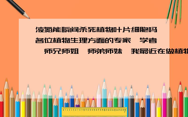 液氮能瞬间杀死植物叶片细胞吗各位植物生理方面的专家,学者,师兄师姐,师弟师妹,我最近在做植物生理方面的论文,请问,我在采植物叶片时,将采下来的叶片立即放入液氮处理,这样可以立即