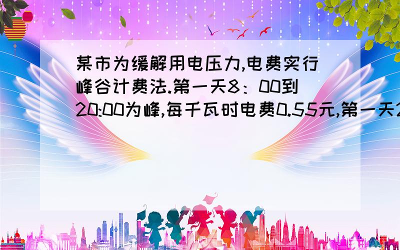 某市为缓解用电压力,电费实行峰谷计费法.第一天8：00到20:00为峰,每千瓦时电费0.55元,第一天20:00到第天8:00为谷,每千瓦时电费0.35元.李伯伯十月份用电情况如下：本月示数 峰1359 ,谷1419,.上月