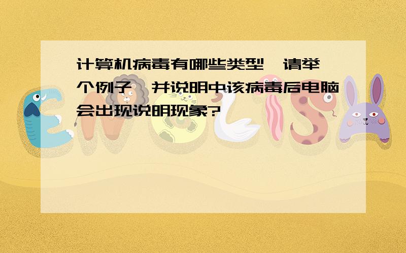 计算机病毒有哪些类型,请举一个例子,并说明中该病毒后电脑会出现说明现象?