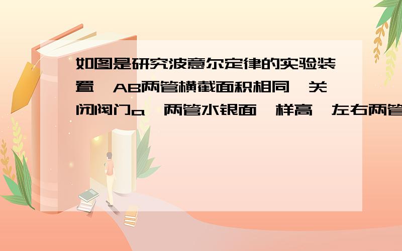 如图是研究波意尔定律的实验装置,AB两管横截面积相同,关闭阀门a,两管水银面一样高,左右两管的水银面分别在管壁的A和B点,则分析将右管上提或者下提的过程中,左右两管水银面相对高度的