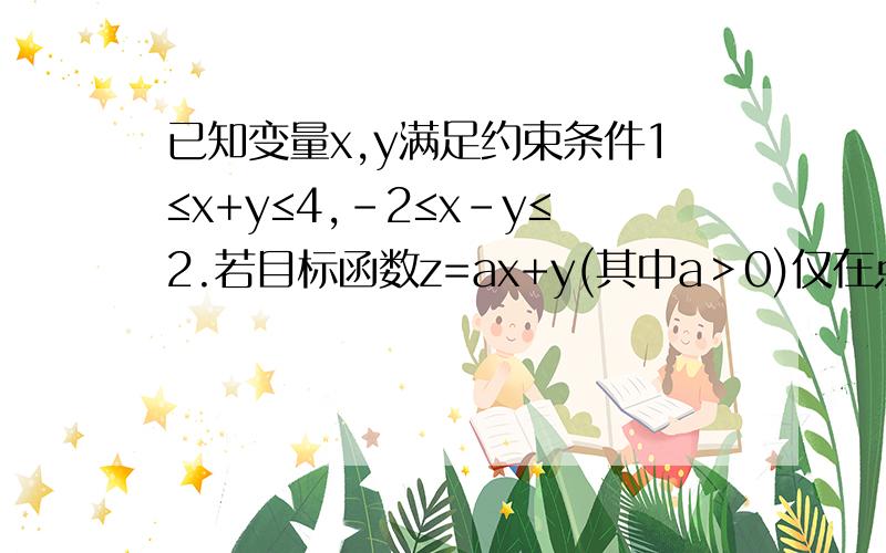 已知变量x,y满足约束条件1≤x+y≤4,-2≤x-y≤2.若目标函数z=ax+y(其中a＞0)仅在点(3,1)处取得最大值.a取值范围是多少