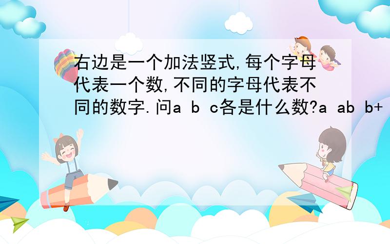 右边是一个加法竖式,每个字母代表一个数,不同的字母代表不同的数字.问a b c各是什么数?a ab b+ c c_______________ b a c