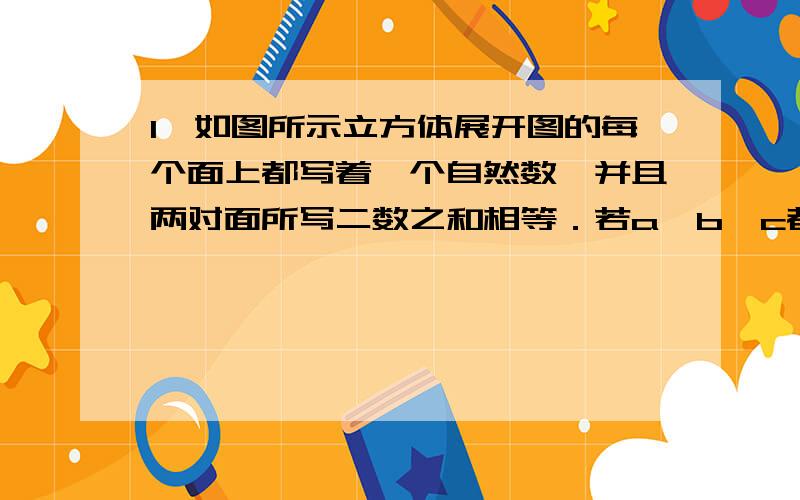 1、如图所示立方体展开图的每个面上都写着一个自然数,并且两对面所写二数之和相等．若a、b、c都为质数,