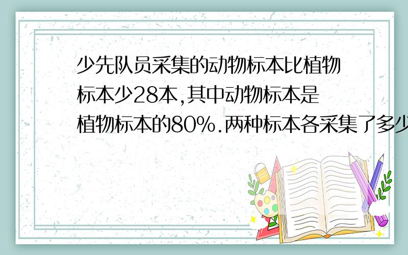 少先队员采集的动物标本比植物标本少28本,其中动物标本是植物标本的80%.两种标本各采集了多少件?