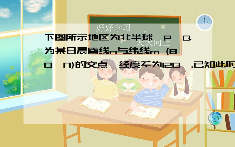 下图所示地区为北半球,P、Q为某日晨昏线n与纬线m (80•N)的交点,经度差为120•.已知此时W（位于PWQ的中点）点的地方时为12时.据此完成第10~11题.10.该日,P的昼长是A．6小时    B．8小时  C