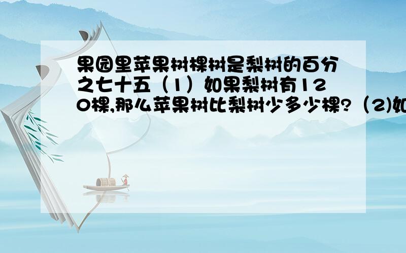 果园里苹果树棵树是梨树的百分之七十五（1）如果梨树有120棵,那么苹果树比梨树少多少棵?（2)如果苹果树有120棵,那么梨树比苹果树多多少棵