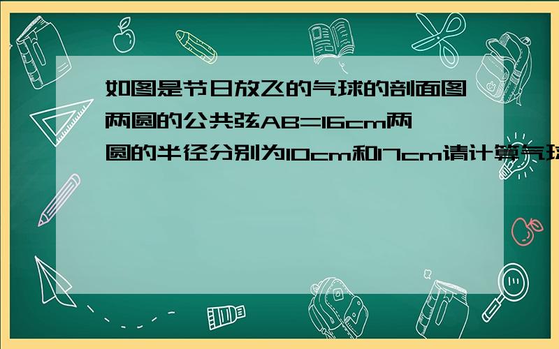 如图是节日放飞的气球的剖面图两圆的公共弦AB=16cm两圆的半径分别为10cm和17cm请计算气球的自身高度MN很急