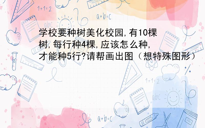 学校要种树美化校园,有10棵树,每行种4棵,应该怎么种,才能种5行?请帮画出图（想特殊图形）