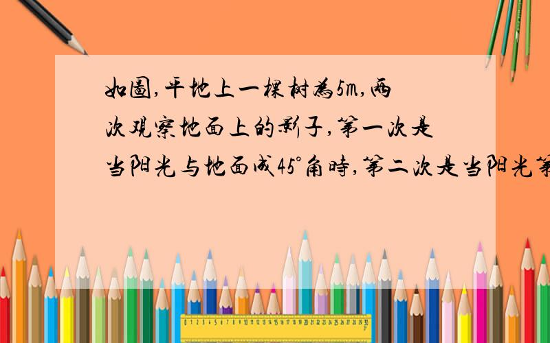 如图,平地上一棵树为5m,两次观察地面上的影子,第一次是当阳光与地面成45°角时,第二次是当阳光第二次是当阳光与地面成30°角时,求第二次观察到的影子比第一次多少m?