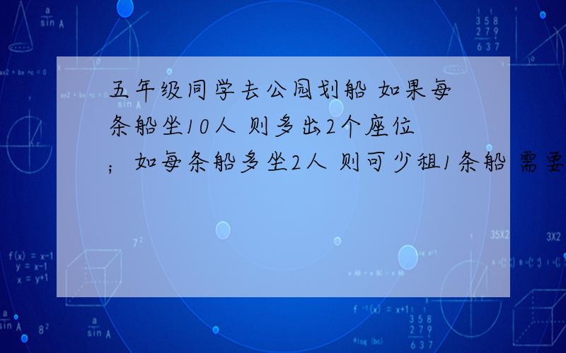 五年级同学去公园划船 如果每条船坐10人 则多出2个座位；如每条船多坐2人 则可少租1条船 需要租几条船?急