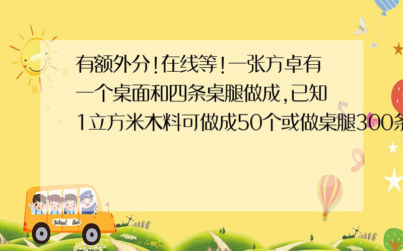 有额外分!在线等!一张方卓有一个桌面和四条桌腿做成,已知1立方米木料可做成50个或做桌腿300条,现有一张方卓有一个桌面和四条桌腿做成,已知1立方米木料可做成50个或做桌腿300条,现有5立方