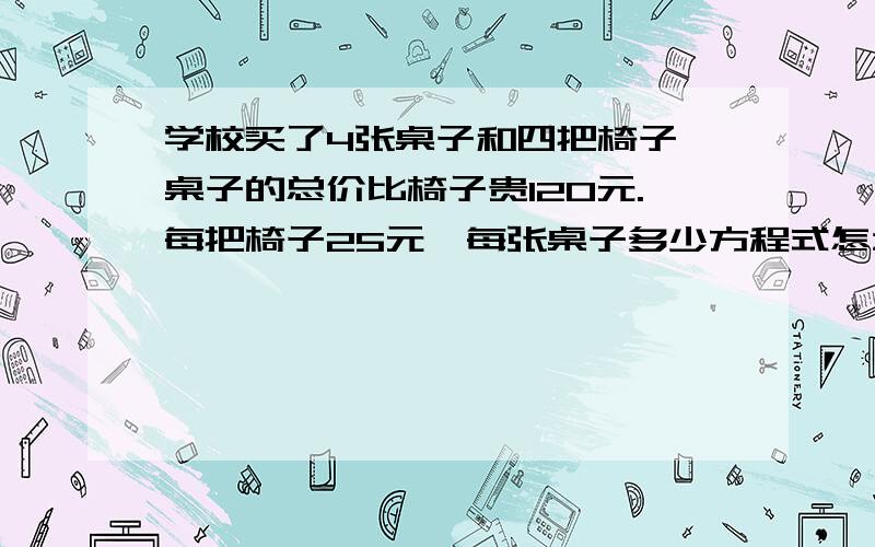 学校买了4张桌子和四把椅子,桌子的总价比椅子贵120元.每把椅子25元,每张桌子多少方程式怎么列?