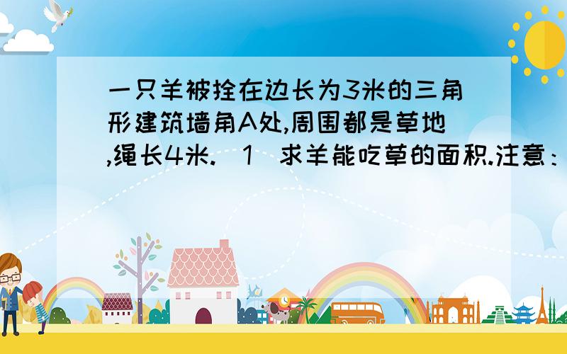 一只羊被拴在边长为3米的三角形建筑墙角A处,周围都是草地,绳长4米.（1）求羊能吃草的面积.注意：三角形是等边三角形,A点三个角都可以