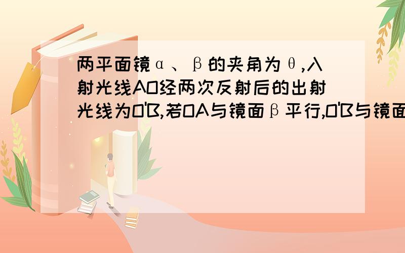 两平面镜α、β的夹角为θ,入射光线AO经两次反射后的出射光线为O'B,若OA与镜面β平行,O'B与镜面平行,