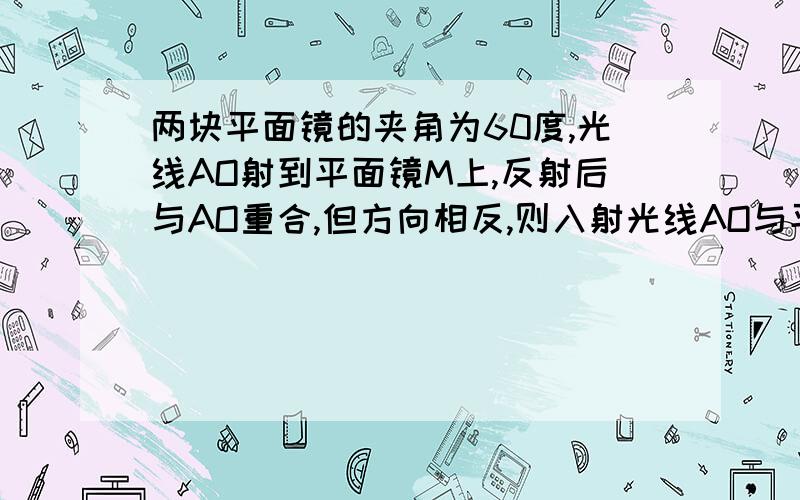 两块平面镜的夹角为60度,光线AO射到平面镜M上,反射后与AO重合,但方向相反,则入射光线AO与平面镜的夹角是