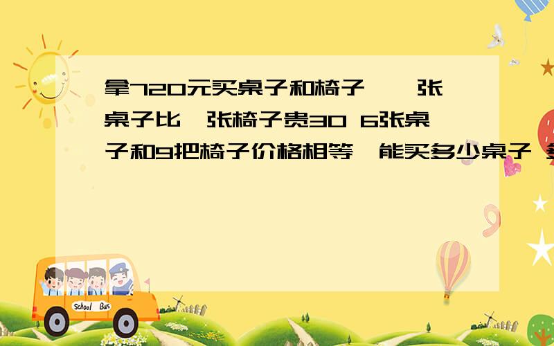 拿720元买桌子和椅子,一张桌子比一张椅子贵30 6张桌子和9把椅子价格相等,能买多少桌子 多少椅子