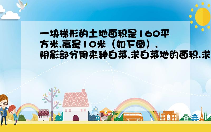 一块梯形的土地面积是160平方米,高是10米（如下图）,阴影部分用来种白菜,求白菜地的面积.求算式!底是19.5米