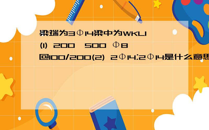 梁端为3Φ14梁中为WKL1(1) 200*500 Φ8@100/200(2) 2Φ14;2Φ14是什么意思?什么是支座负筋,