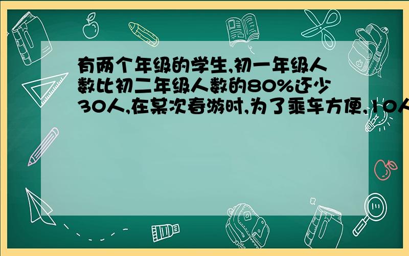 有两个年级的学生,初一年级人数比初二年级人数的80%还少30人,在某次春游时,为了乘车方便,10人到初一年级,责此时初一年纪人数是初二年级人数的75%求两个年级各多少人?要方程!