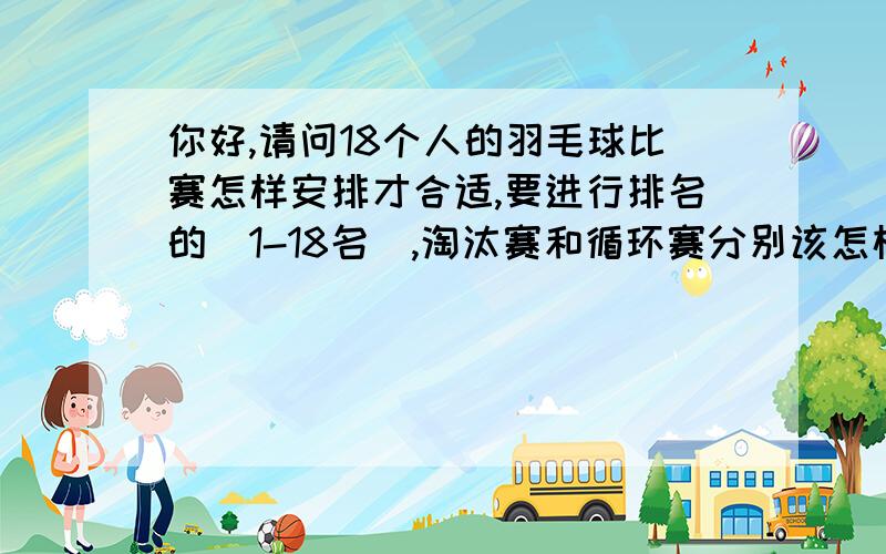 你好,请问18个人的羽毛球比赛怎样安排才合适,要进行排名的（1-18名）,淘汰赛和循环赛分别该怎样安排,