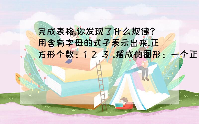 完成表格,你发现了什么规律?用含有字母的式子表示出来.正方形个数：1 2 3 .摆成的图形：一个正方形 2个 3个 .小棒根数：4 8 12 .