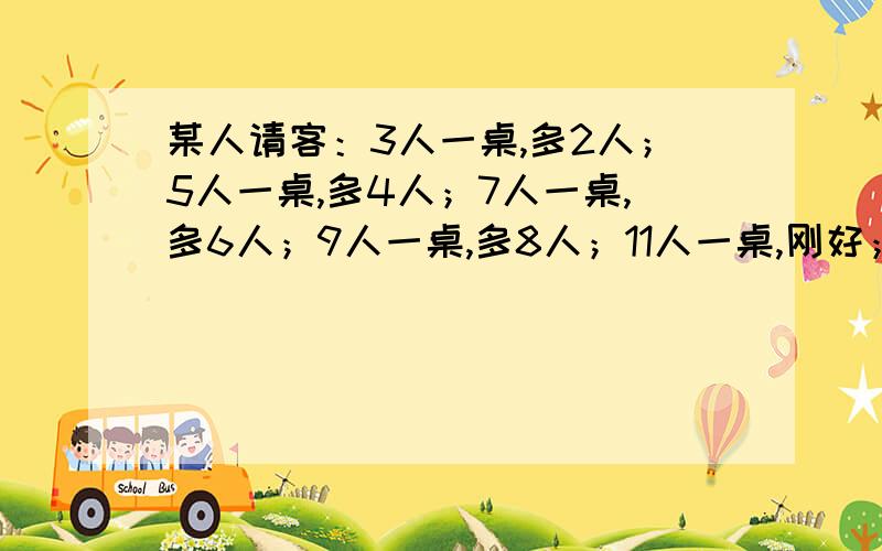 某人请客：3人一桌,多2人；5人一桌,多4人；7人一桌,多6人；9人一桌,多8人；11人一桌,刚好；有多少客