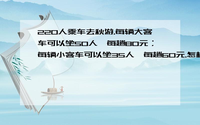 220人乘车去秋游.每辆大客车可以坐50人,每趟80元；每辆小客车可以坐35人,每趟60元.怎样租车最省钱?220人乘车去秋游。每辆大客车坐50人，每趟80元；每辆小客车坐35人，60元。怎样租车最省钱