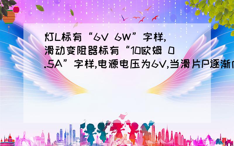 灯L标有“6V 6W”字样,滑动变阻器标有“10欧姆 0.5A”字样,电源电压为6V,当滑片P逐渐向A端滑动时,灯L和滑动变阻器的功率各怎样变化?滑动变阻器连入电路的阻值为多大时,其功率最大?这道题我