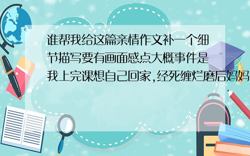 谁帮我给这篇亲情作文补一个细节描写要有画面感点大概事件是我上完课想自己回家,经死缠烂磨后妈妈同意了,回家时发现妈妈在十字路口看着我.要加一个细节描写,在哪里可以详细写?这篇