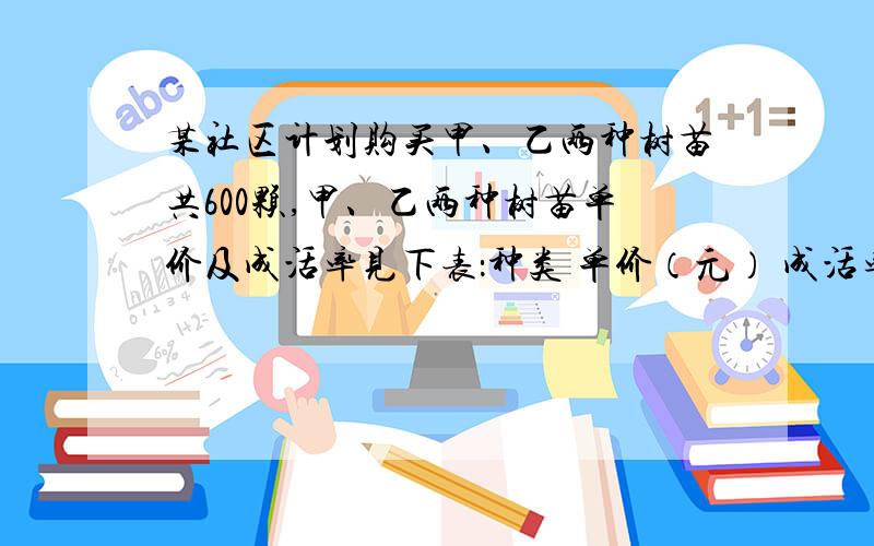 某社区计划购买甲、乙两种树苗共600颗,甲、乙两种树苗单价及成活率见下表：种类 单价（元） 成活率甲 60 88%乙 80 96%（1）若购买树苗资金为44000元,则可购买乙树苗多少棵?（2）若希望这批