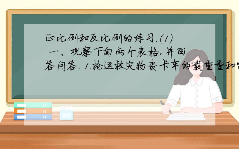 正比例和反比例的练习.（1） 一、观察下面两个表格,并回答问答. 1.抢运救灾物资卡车的载重量和需要卡正比例和反比例的练习.（1）一、观察下面两个表格,并回答问答.1.抢运救灾物资卡车