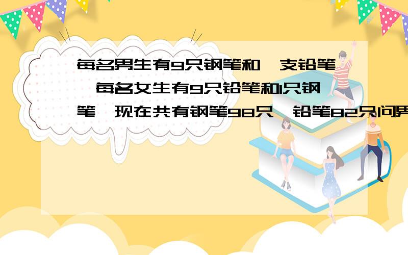 每名男生有9只钢笔和一支铅笔,每名女生有9只铅笔和1只钢笔,现在共有钢笔98只,铅笔82只问男生和女生各有多少人