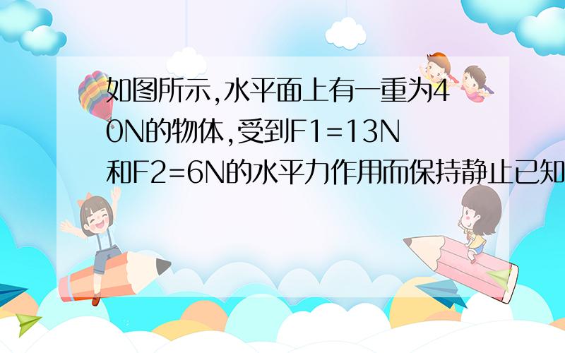 如图所示,水平面上有一重为40N的物体,受到F1=13N和F2=6N的水平力作用而保持静止已知物体与水平面见的动力摩擦因数u=0.2.设最大静摩擦力等于滑动摩擦力，求物体所受的摩擦力的大小和方向。