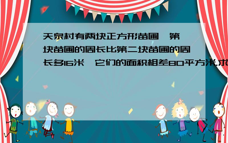 天泉村有两块正方形苗圃,第一块苗圃的周长比第二块苗圃的周长多16米,它们的面积相差80平方米.求这两个正方形苗圃的周长.