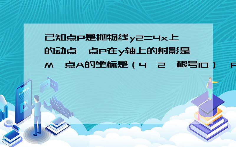 已知点P是抛物线y2=4x上的动点,点P在y轴上的射影是M,点A的坐标是（4,2*根号10）,PA+PM的最小值是?