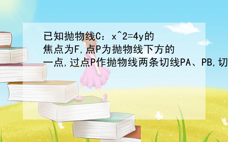 已知抛物线C：x^2=4y的焦点为F,点P为抛物线下方的一点,过点P作抛物线两条切线PA、PB,切点为A、B（1）若A、B、F三点共线,求证：点P在抛物线的准线L上；（2）对任意的点P,求证∠AFP=∠BFP