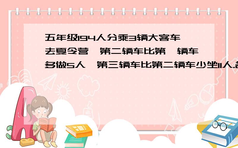 五年级194人分乘3辆大客车去夏令营,第二辆车比第一辆车多做5人,第三辆车比第二辆车少坐11人.各坐多少人