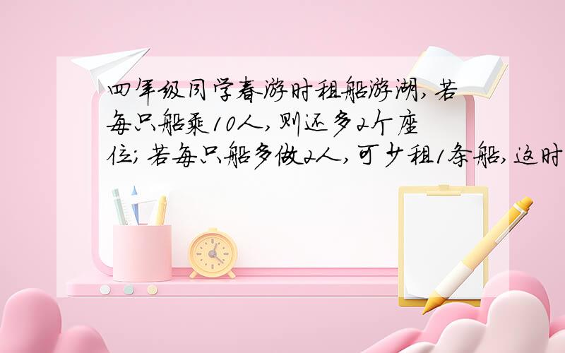 四年级同学春游时租船游湖,若每只船乘10人,则还多2个座位；若每只船多做2人,可少租1条船,这时每人可节省5角钱,问租一只需要多少钱?要求不用方程式,采用盈亏问题的解法.请列出详细的解