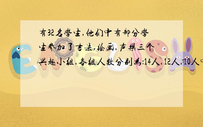 有32名学生,他们中有部分学生参加了书法,绘画,声乐三个兴趣小组,各组人数分别为：14人,12人,10人中参加绘画又参加声乐小组的有4人,既参加绘画小组又参加书法小组的有6人,既参加书法比赛