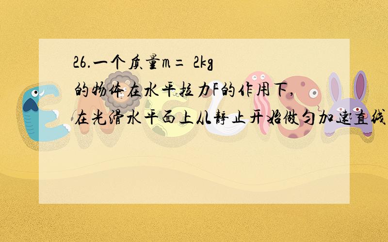 26．一个质量m= 2kg 的物体在水平拉力F的作用下,在光滑水平面上从静止开始做匀加速直线运动,经过时间t=6s速度变为v= 12 m /s.求：（1）物体的加速度a的大小； （2）水平拉力F的大小.27．地面