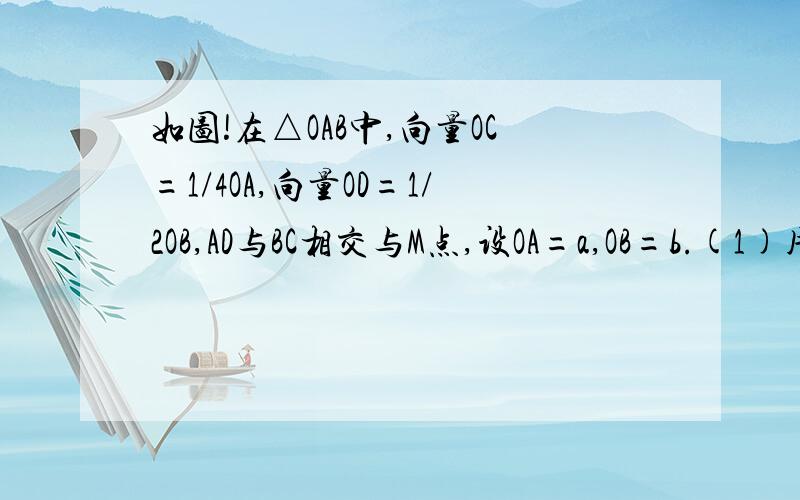 如图!在△OAB中,向量OC=1/4OA,向量OD=1/2OB,AD与BC相交与M点,设OA=a,OB=b.(1)用a,b表示向量OM.（2）已知在线段AC上取一点E,在线段BD上取一点F,使EF过M点,设OE=pOA,OF=qOB,求证：1/p+3/p=7.——————————