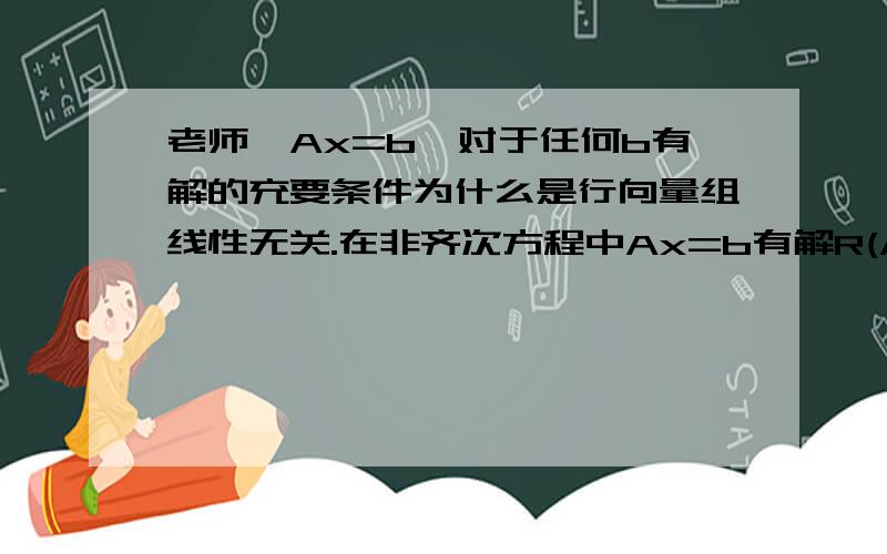 老师,Ax=b,对于任何b有解的充要条件为什么是行向量组线性无关.在非齐次方程中Ax=b有解R(A)=R(A,b).这里是不是乱了.在齐次方程中Ax=0有非0解,充要条件是A的列向量线性相关.这里又是行向量相关,