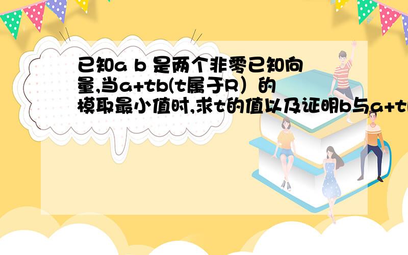 已知a b 是两个非零已知向量,当a+tb(t属于R）的模取最小值时,求t的值以及证明b与a+tb(t属于R）垂直